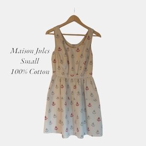 MAISON JULES Womens 100%Cotton Dress Tank Knee Length Small Anchors Tan Red